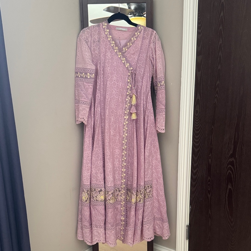 Pink Embroidered Wrap Maxi Dress with Tassel Tie